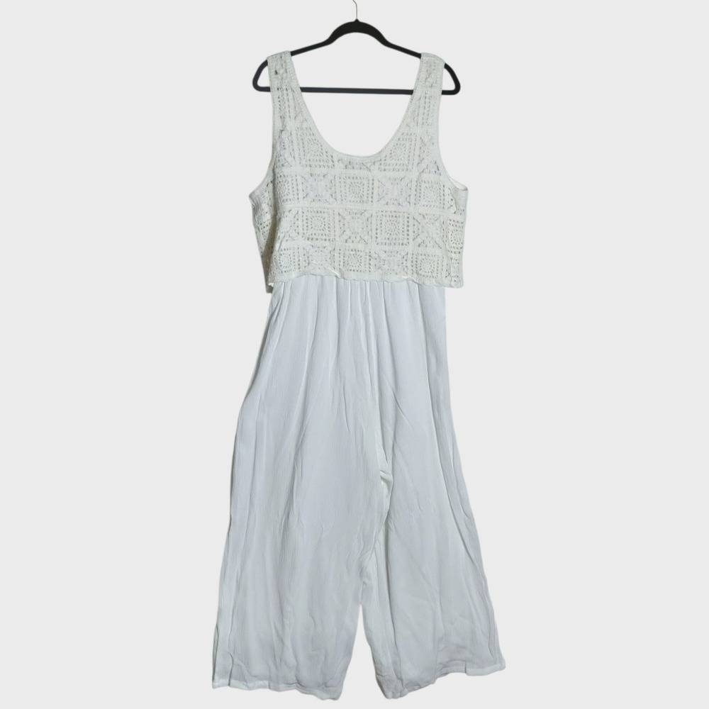 Indio Collective White Crochet Bodice Wide Leg Jumpsuit XL Boho Sleeveless